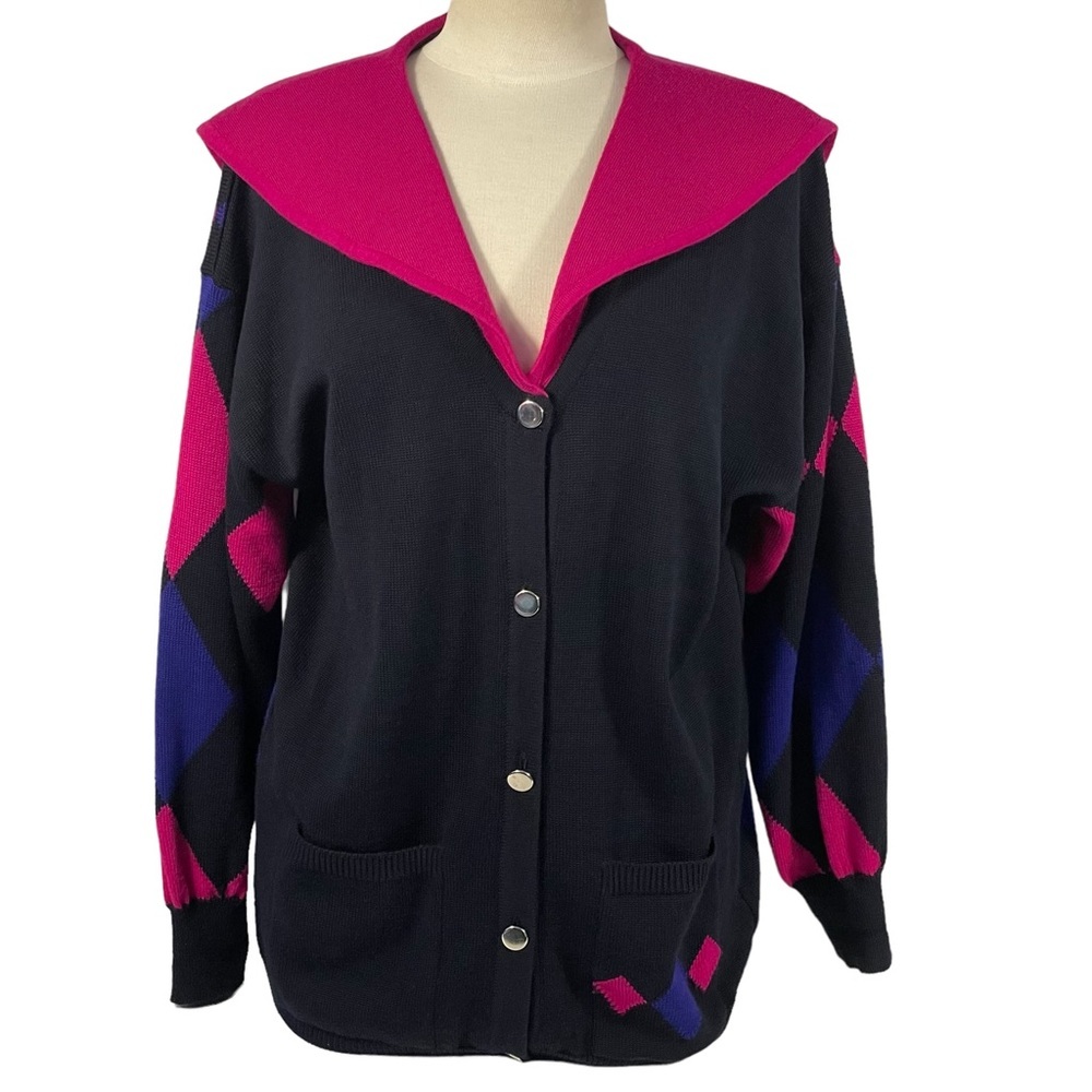 Vintage Laurel By Escada Wool Black Pink Blue Harlequin Diamond Cardigan Sz 42